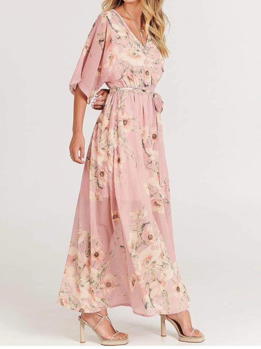Floral Pink Maxi Dress with Belt